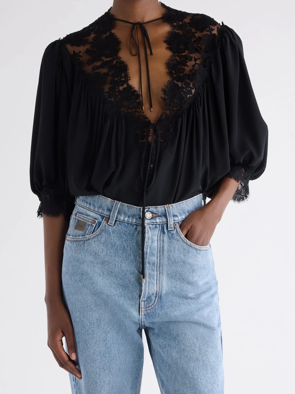 Chloé Women's Black Fluid Puff Sleeve Top FR 36